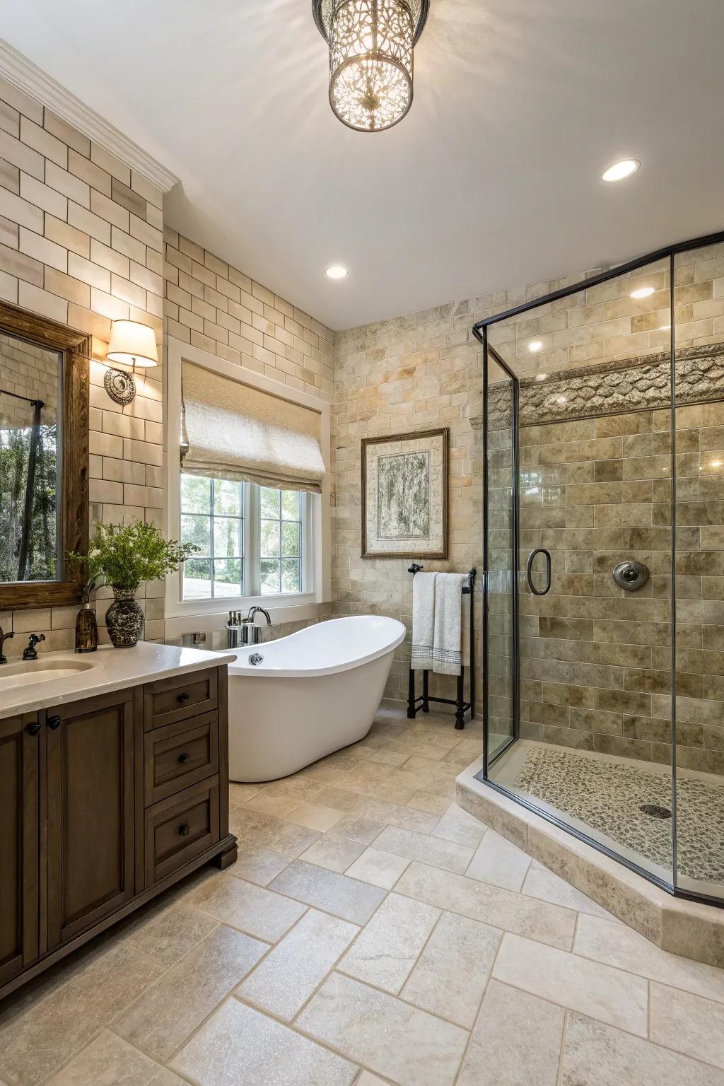 Natural stone subway tiles give the bathroom a timeless, sophisticated touch.