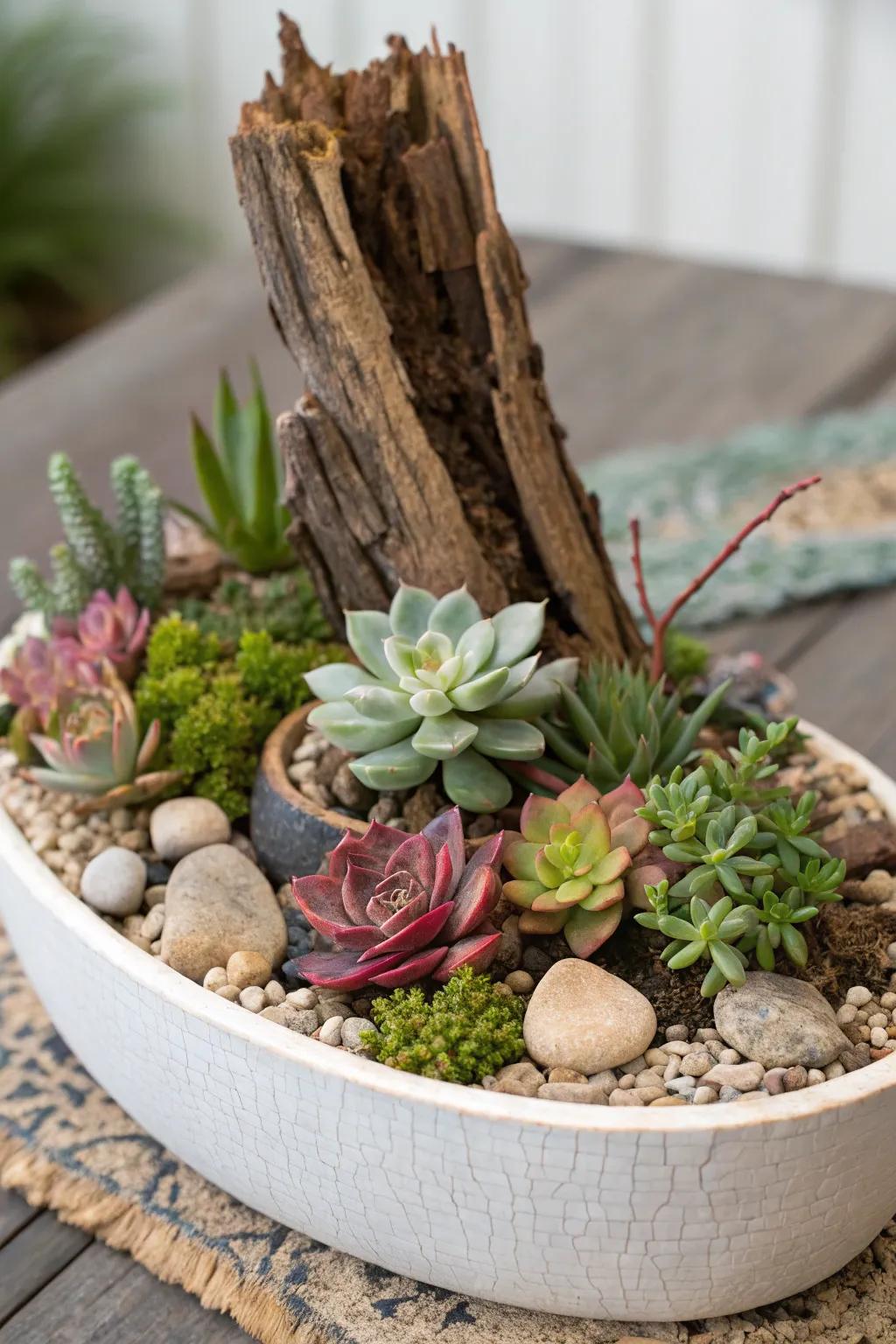 A varied succulent landscape with textured items.