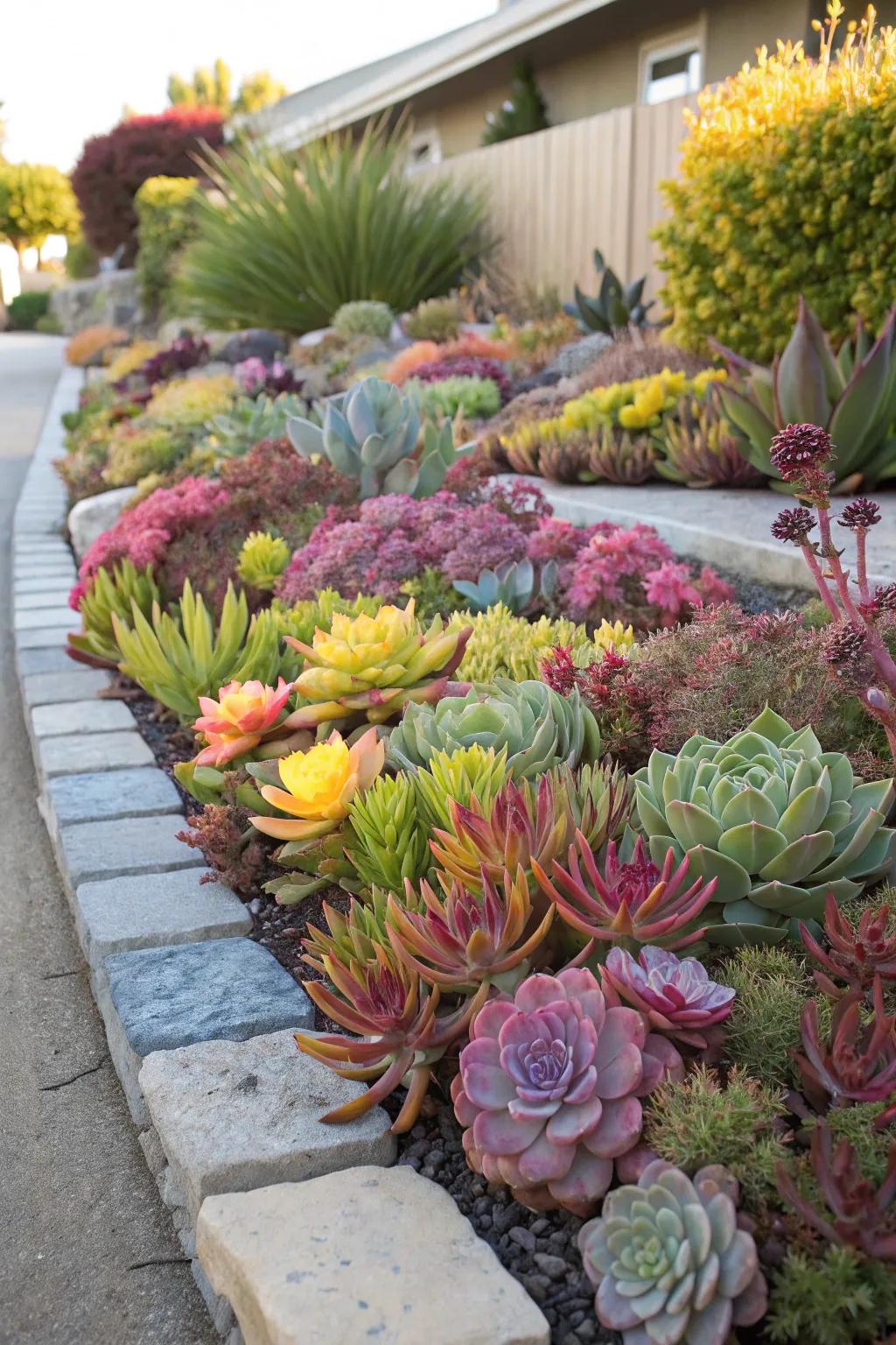 A garden lively with vibrant and contrasting succulent shades.
