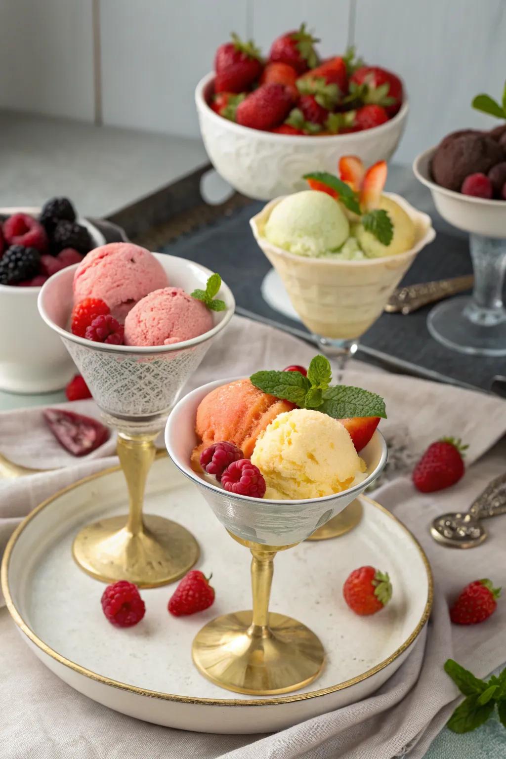 A selection of revitalizing seasonal sorbets for dessert.
