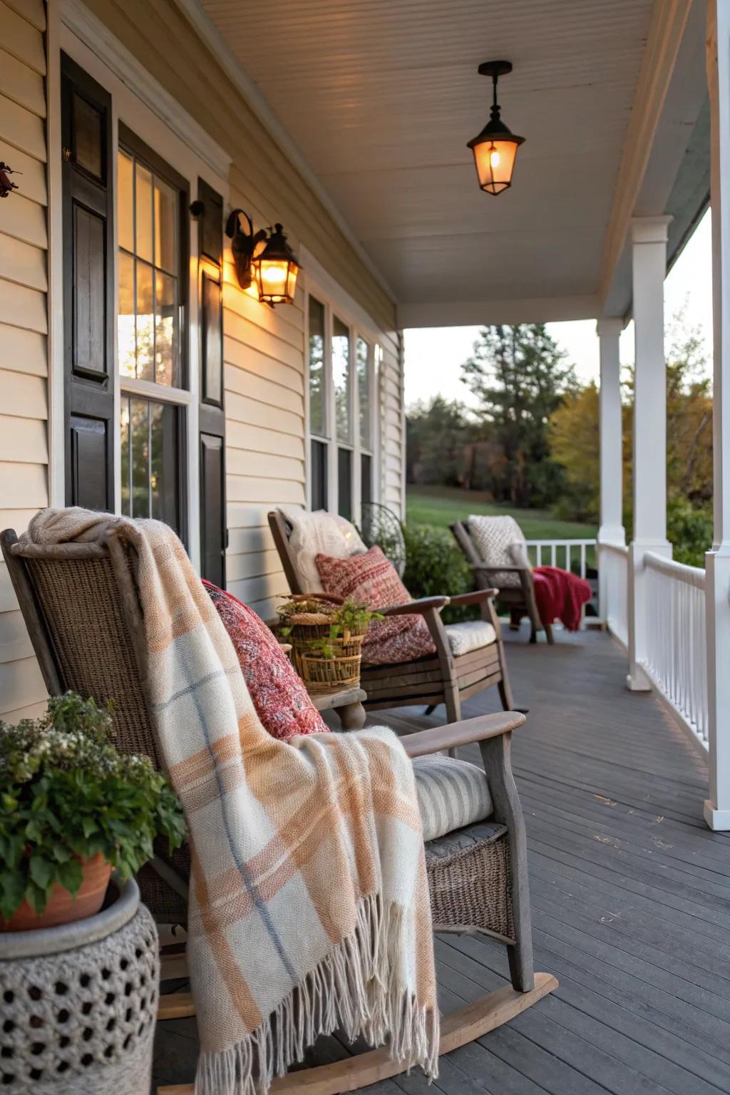Throw covers introduce warmth and comfort to the porch seating.