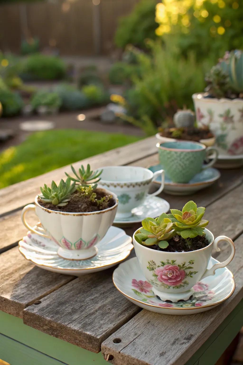 Antique teacups repurposed as small planters