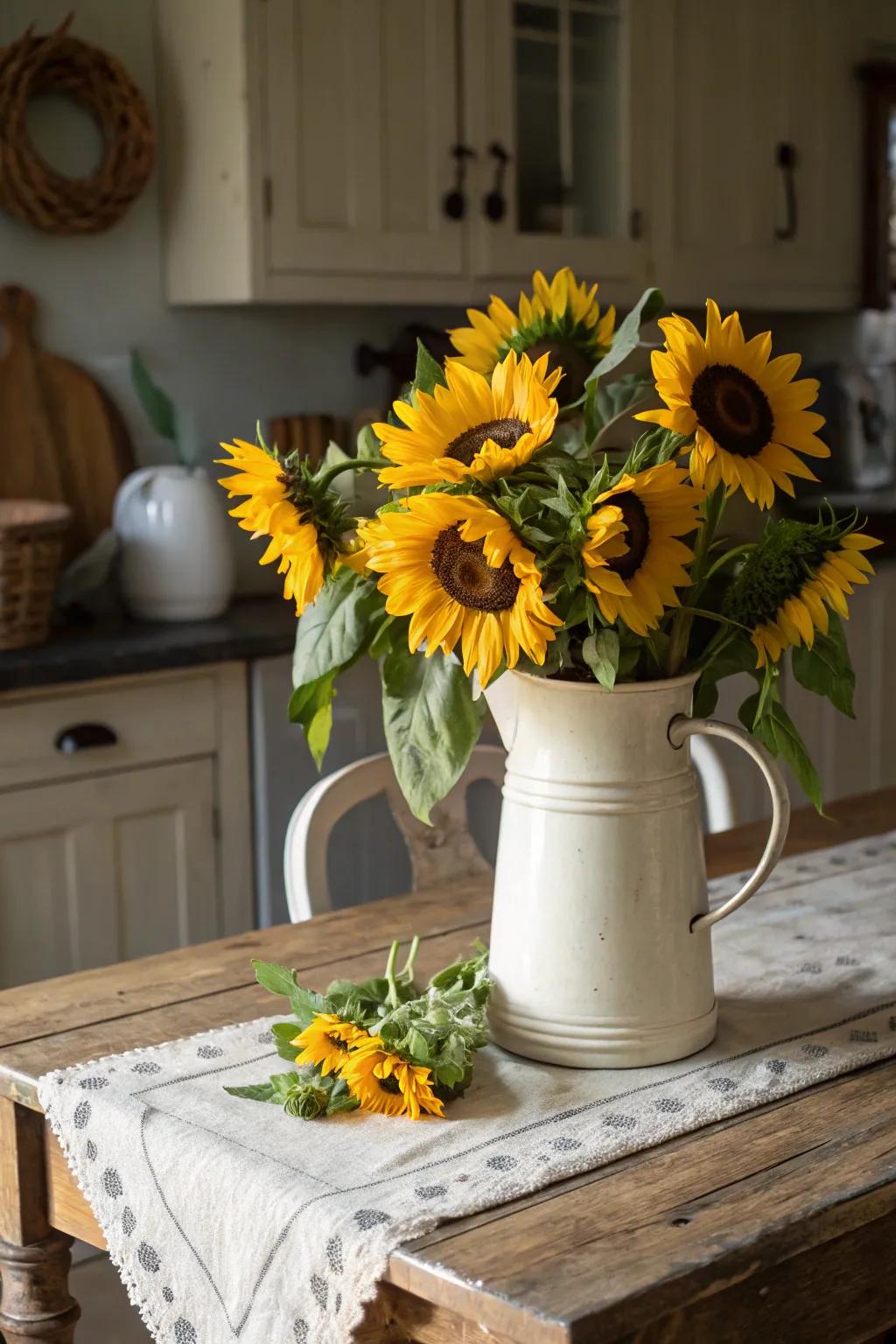 Nostalgic charm: sunflowers in a retro jug.