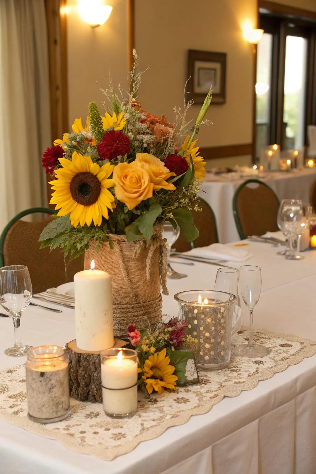 A daisy-adorned sweetheart table for the newlyweds.