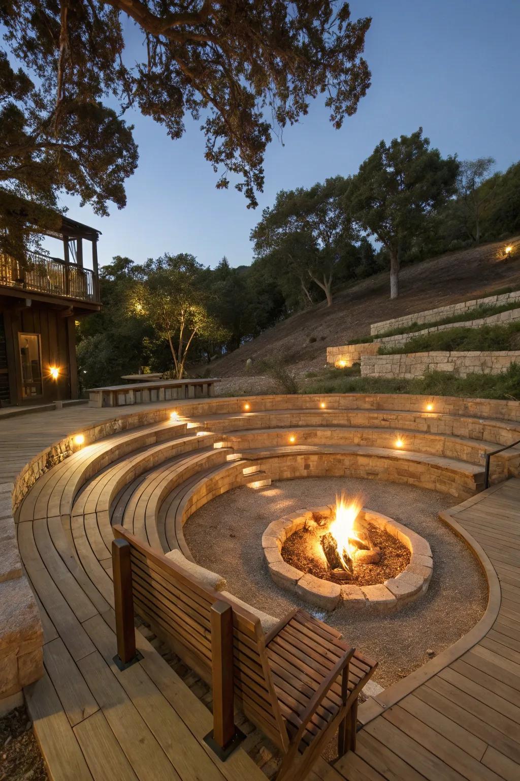 A natural amphitheater surrounds this recessed fire pit.