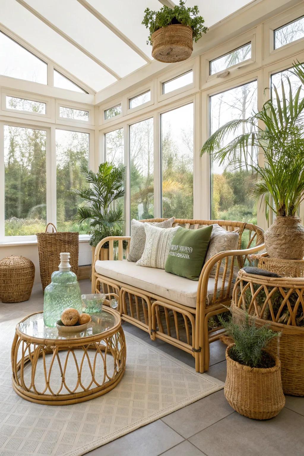 Environmentally friendly materials enhance the sunroom's natural vibe.