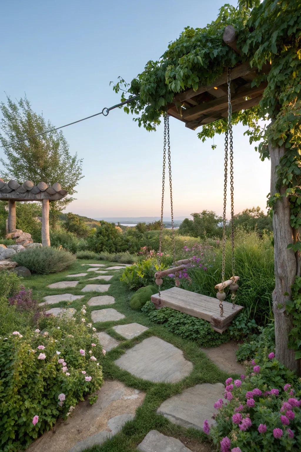 A swing with natural stone elements enhances garden harmony.