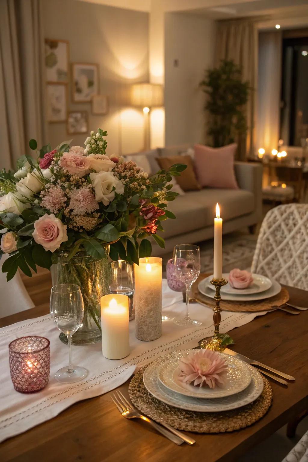 A romantic floral and flameless light arrangement great for intimate dinners.