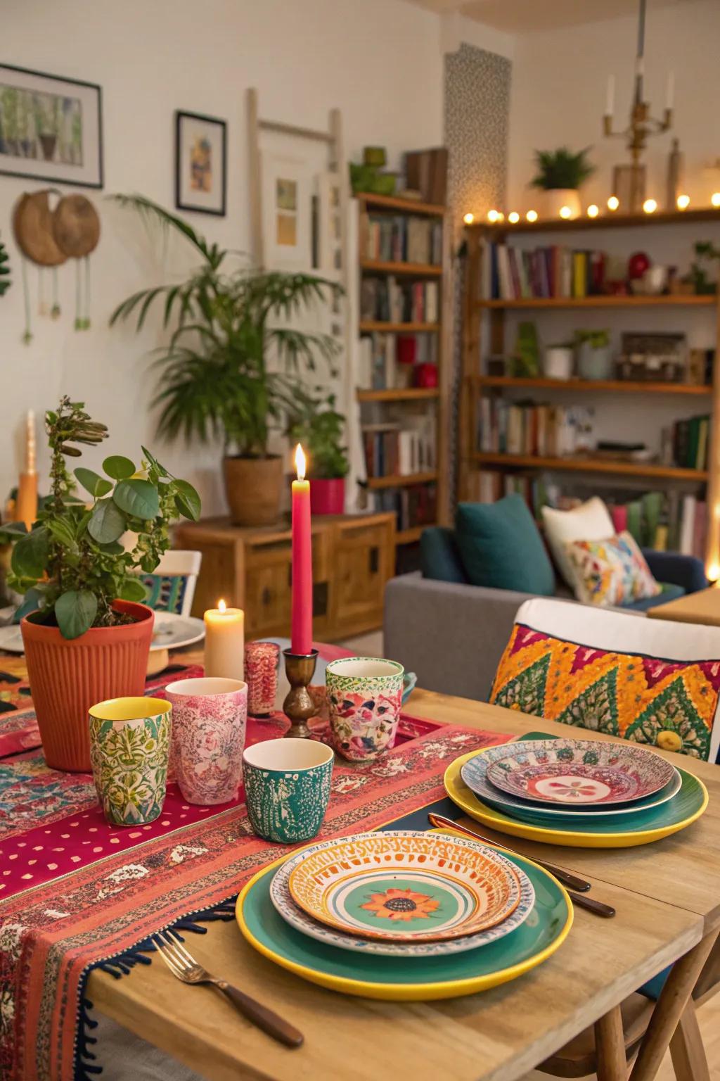Embrace bohemian happiness using layered textiles alongside decor.
