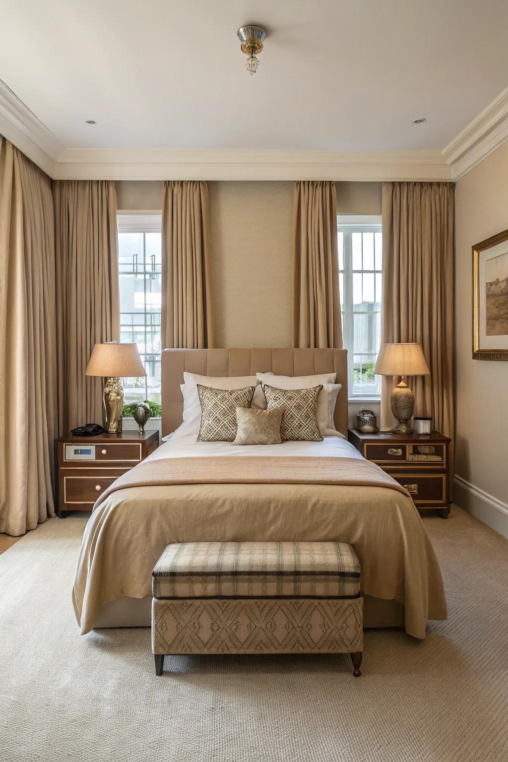 The tan bedroom looks calm with the same items on both sides.