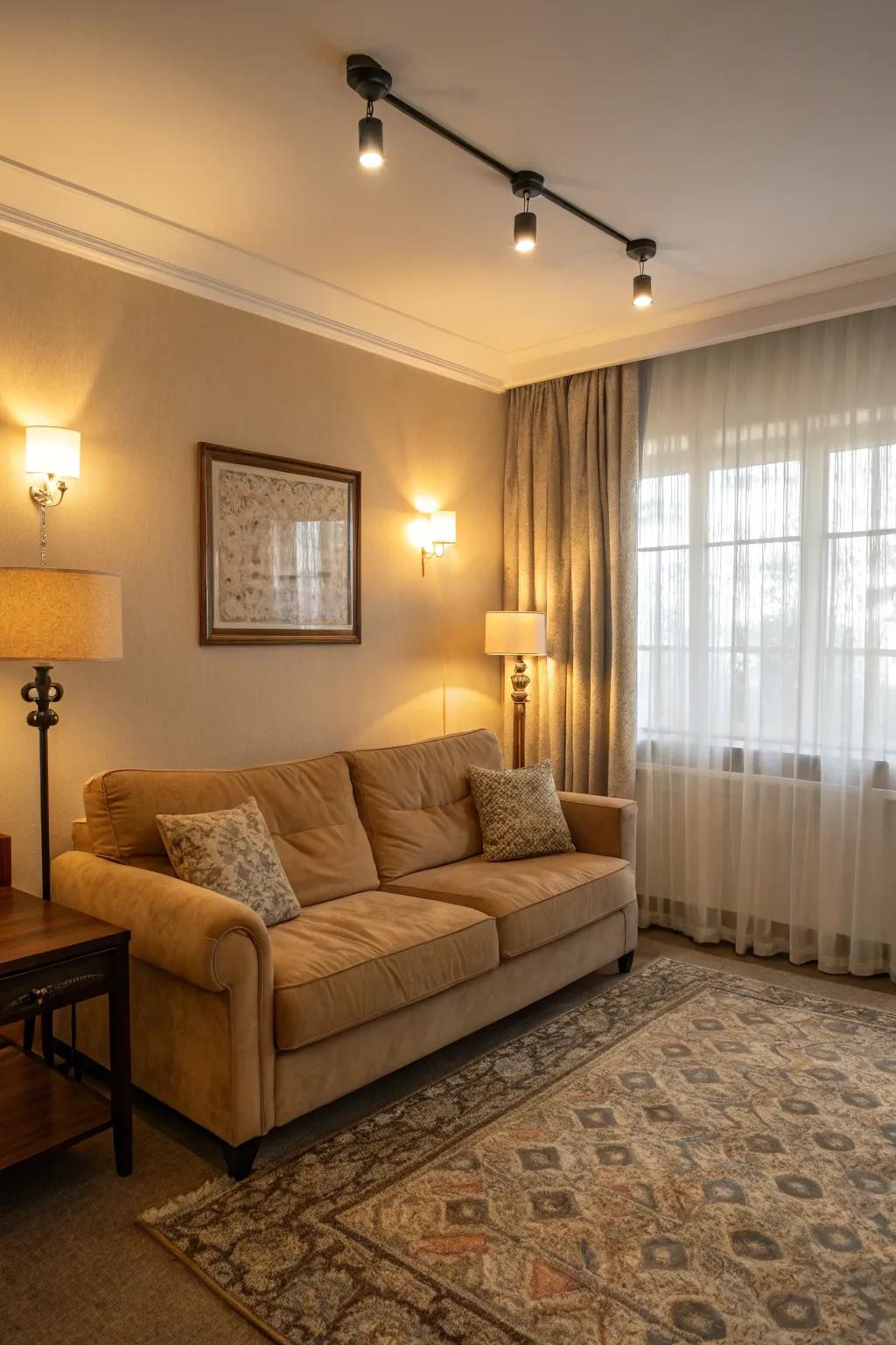 Layered lighting improves the ambiance and accentuates the sand-toned sofa.
