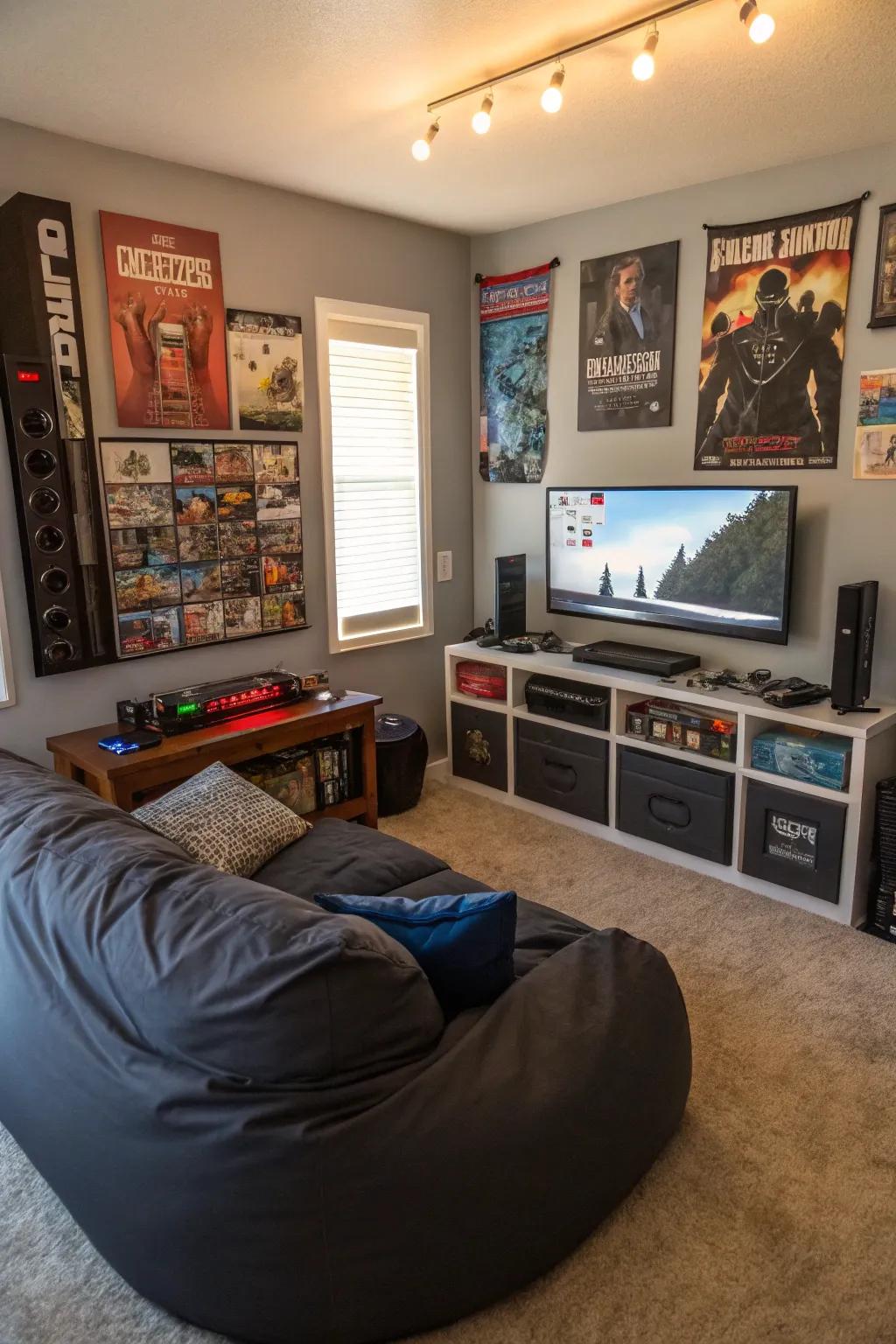 A special gaming area with a comfortable seat in this teen boy's room.