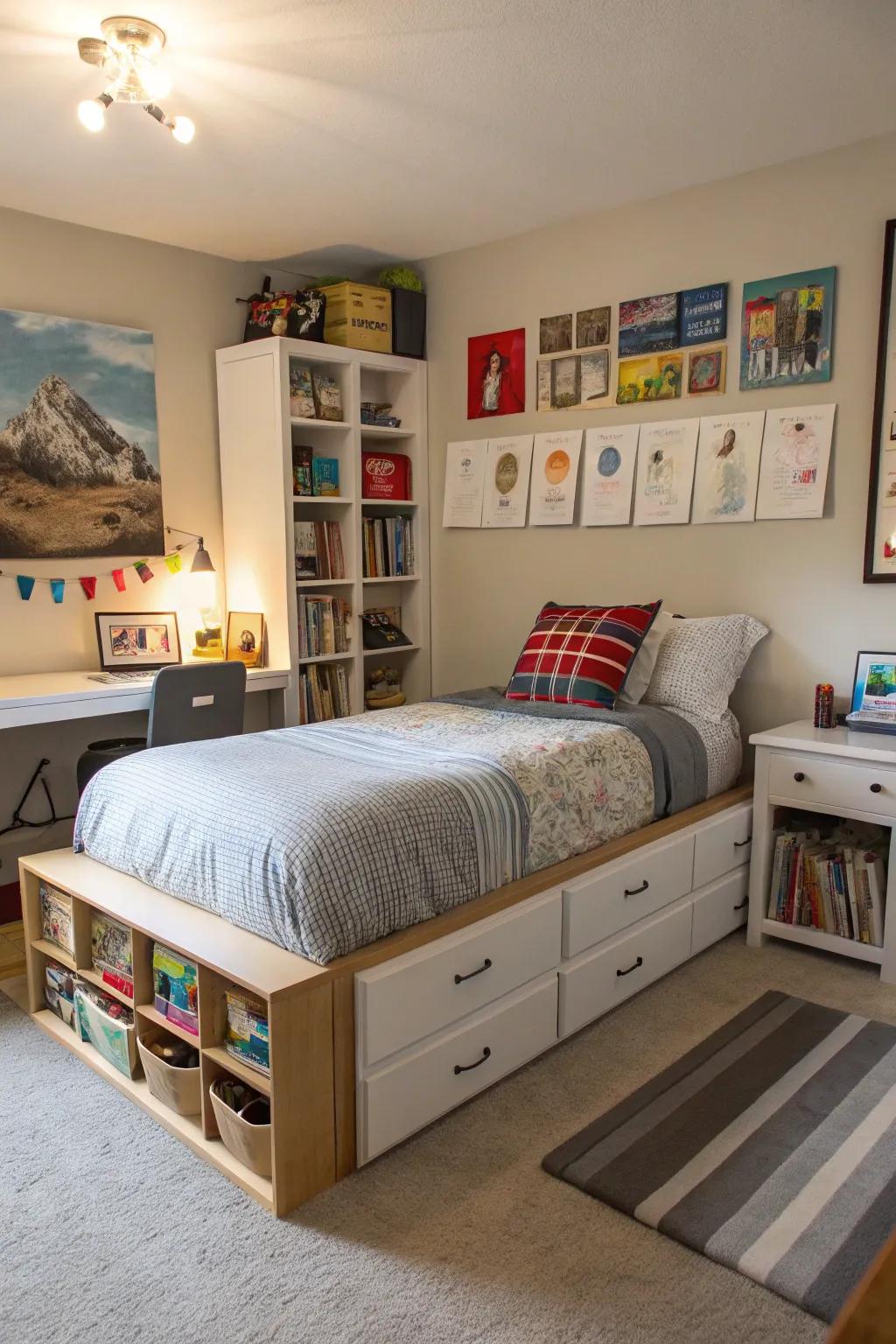 Hidden storing keeps the space organized and tidy.