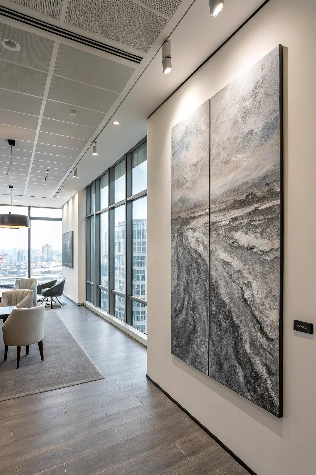 This modern office is made more sophisticated by a monochromatic textured painting.
