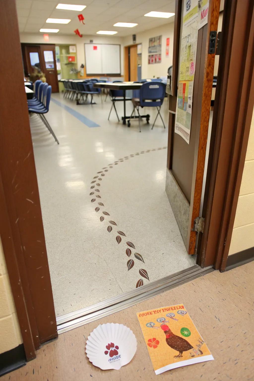 A playful Turkey Tracks door design welcoming students.