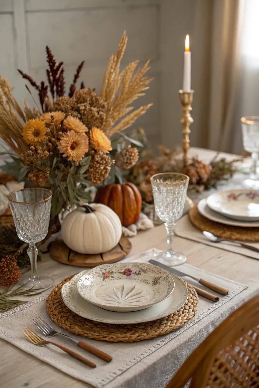 The table setting is given a vintage appeal by the dried stems.