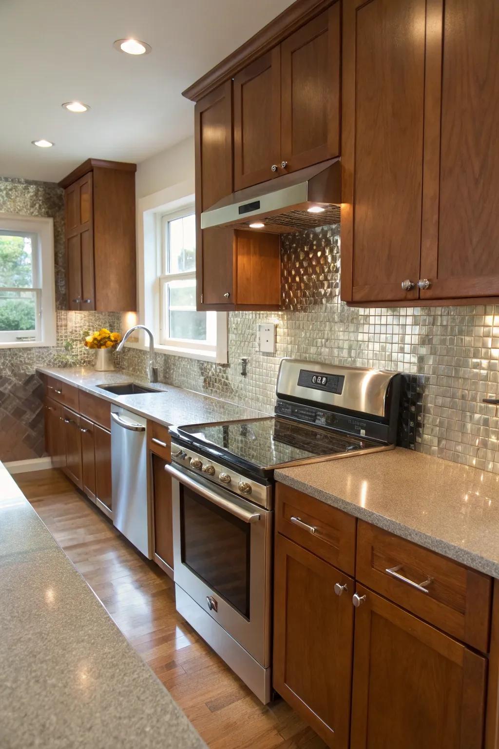 Metallic tiles add a touch of glam to this modern kitchen.