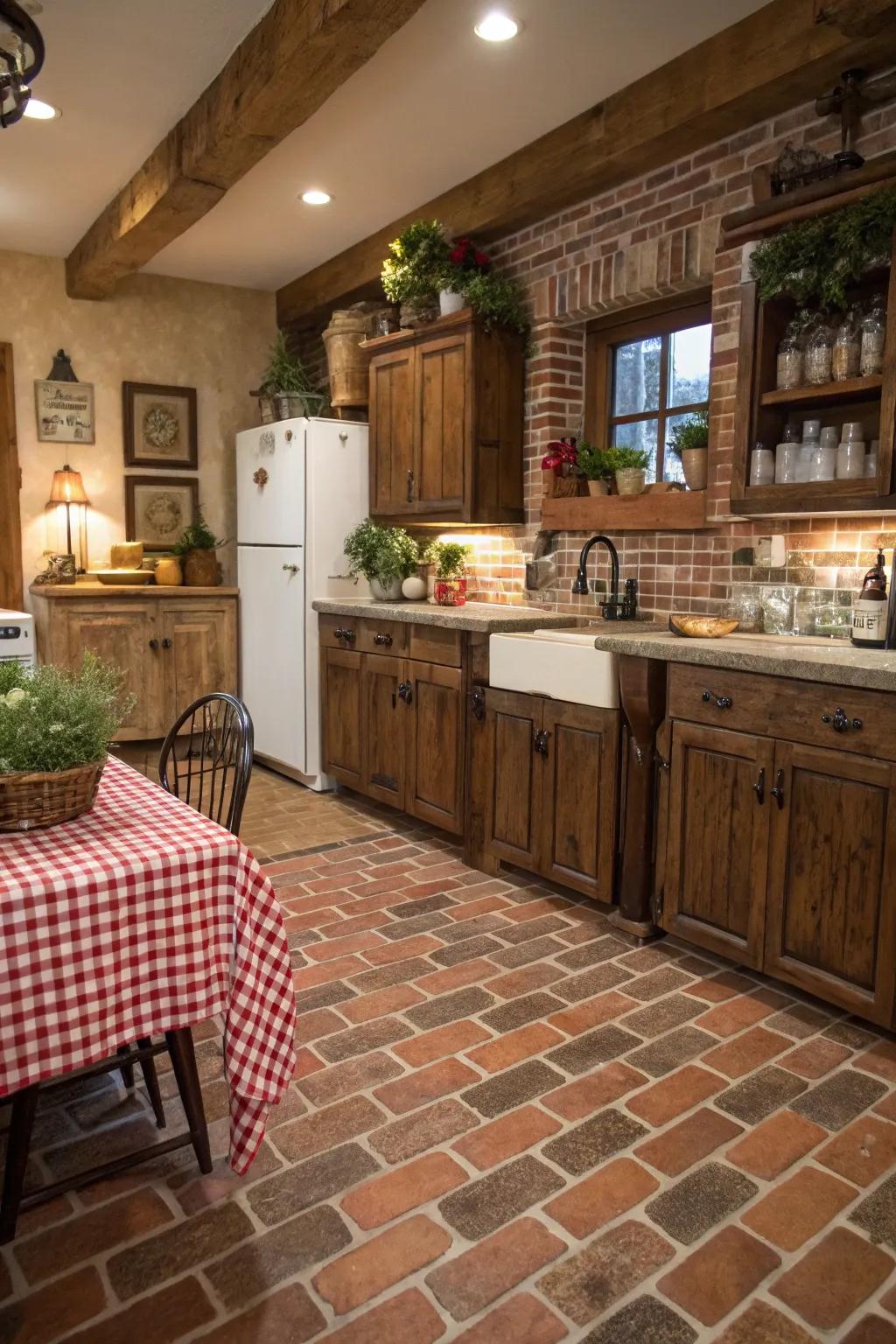 This cozy kitchen is given rustic charm and warmth with brick-look tiles.