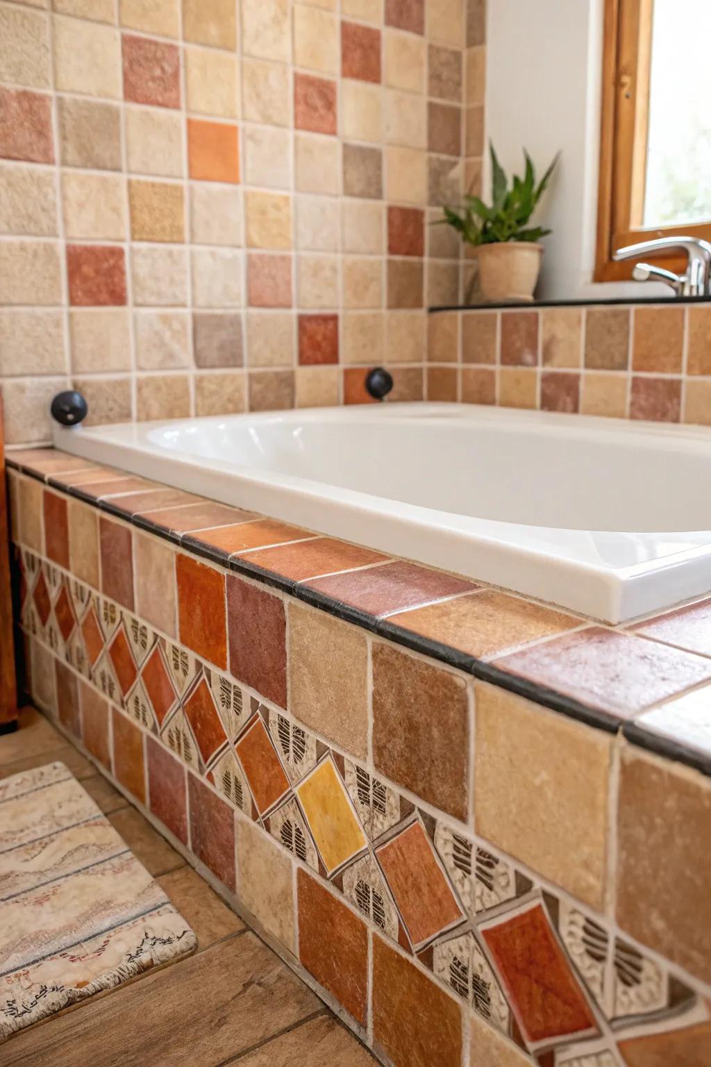 Embrace the soothing warmth of earth tones with a minimalist tile tub surround that exudes natural beauty and craftsmanship.