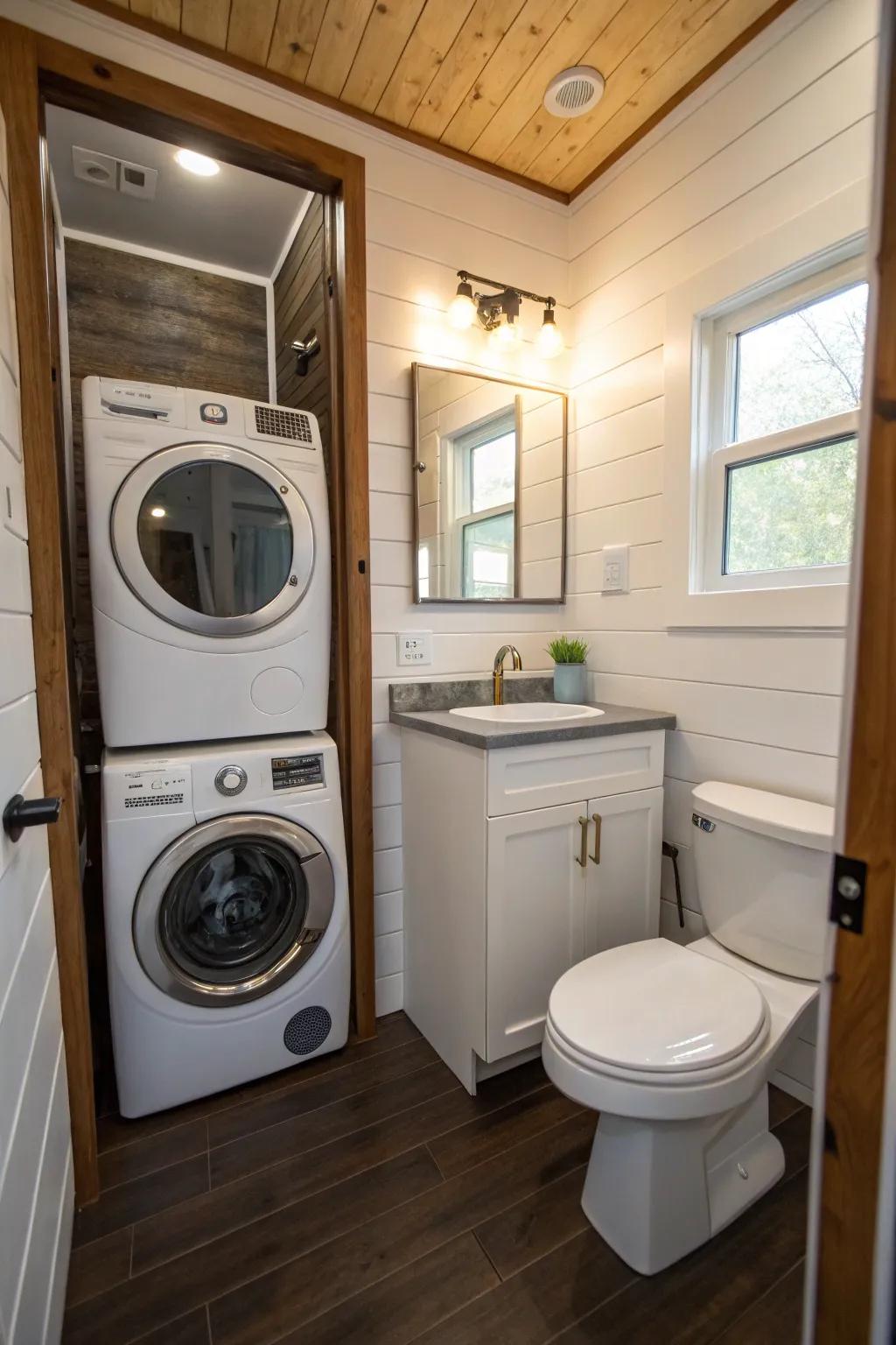 This combo washer/dryer makes the most of functionality in this small bathroom.