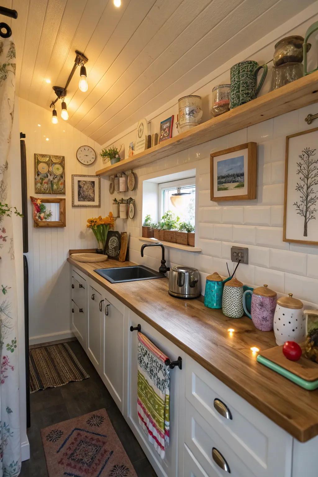 Personalized decor infuses warmth and individuality into a small kitchen.