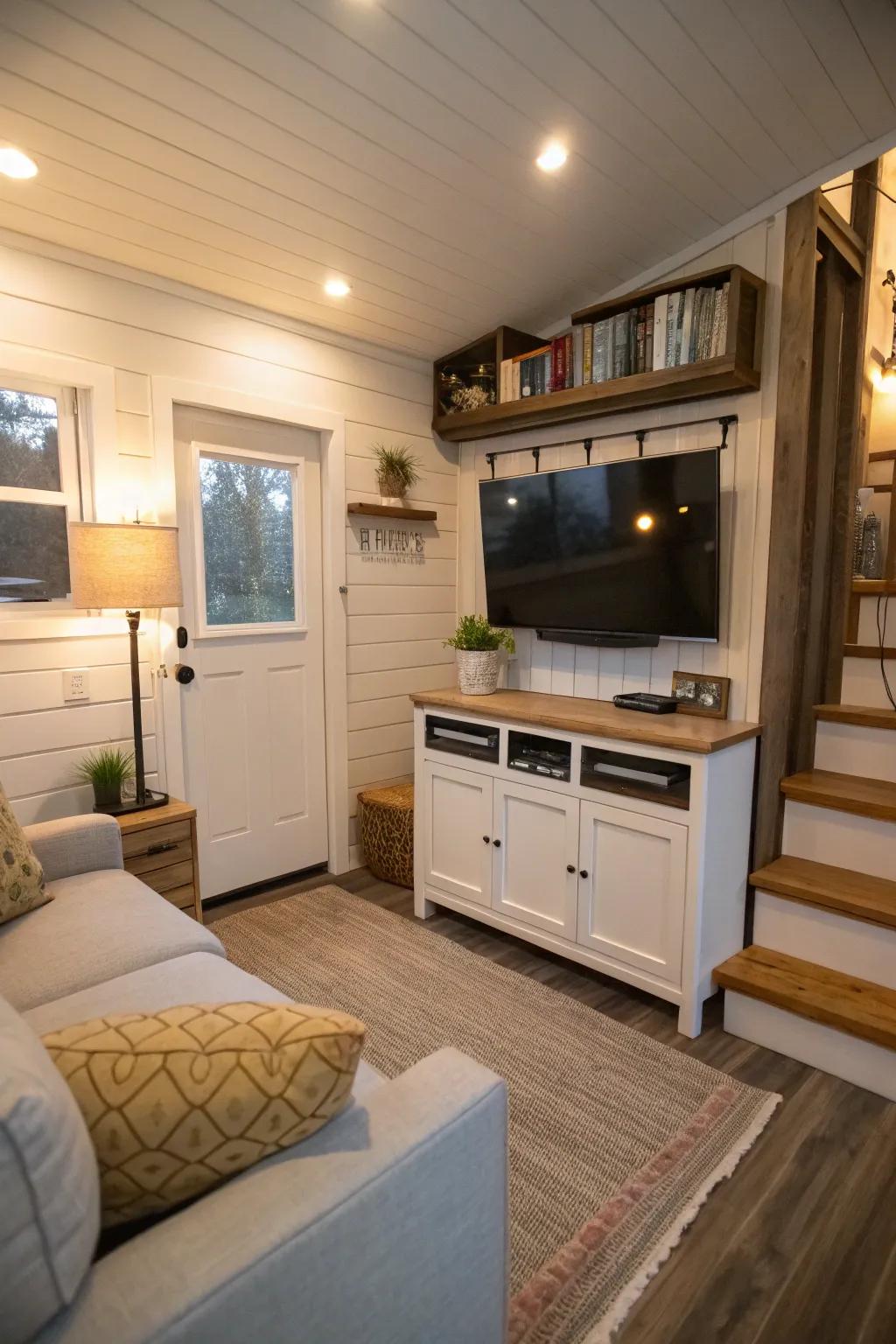 Television setup that optimizes space within a small house living area