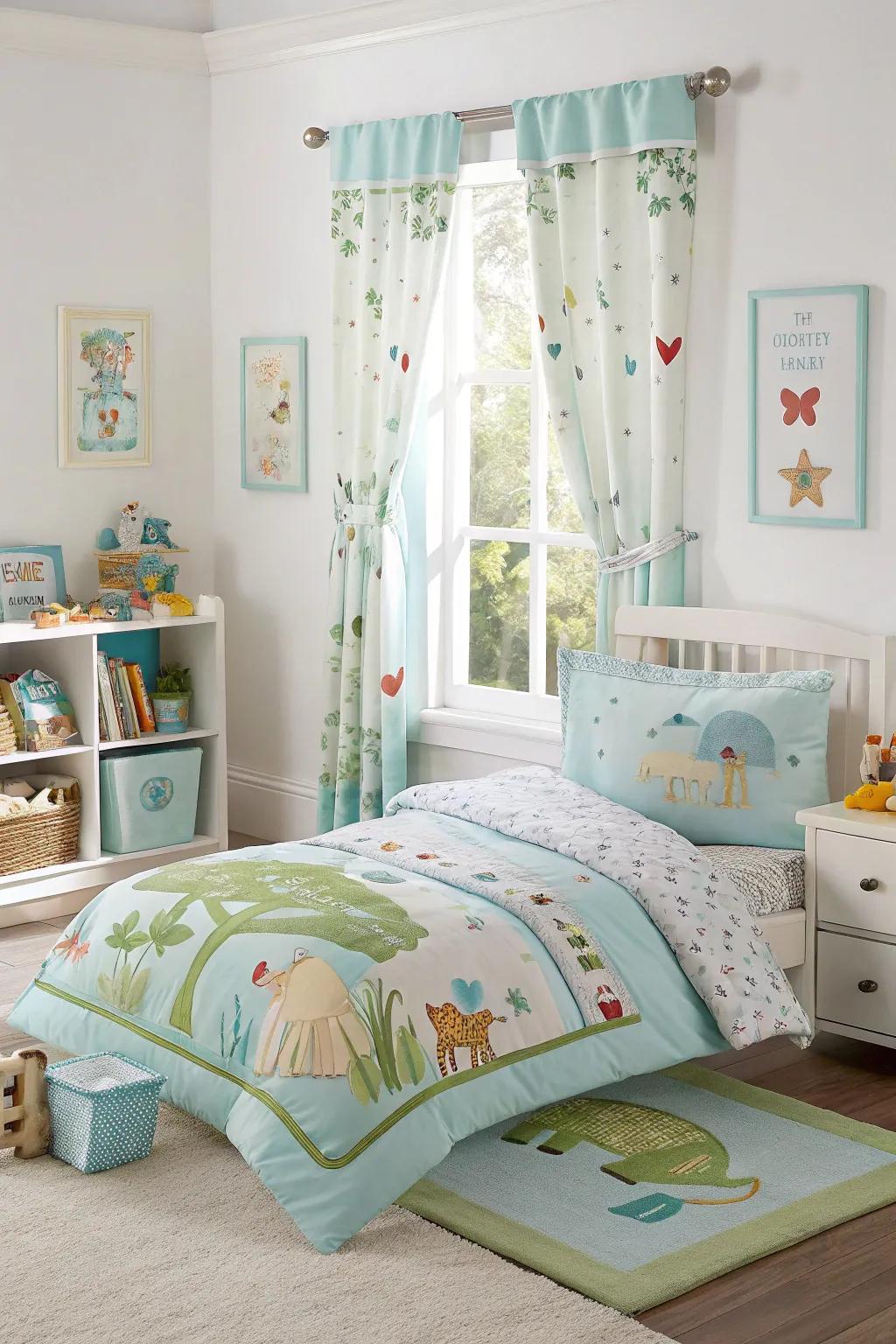 Coordinated bedding unifies the room's decor beautifully.