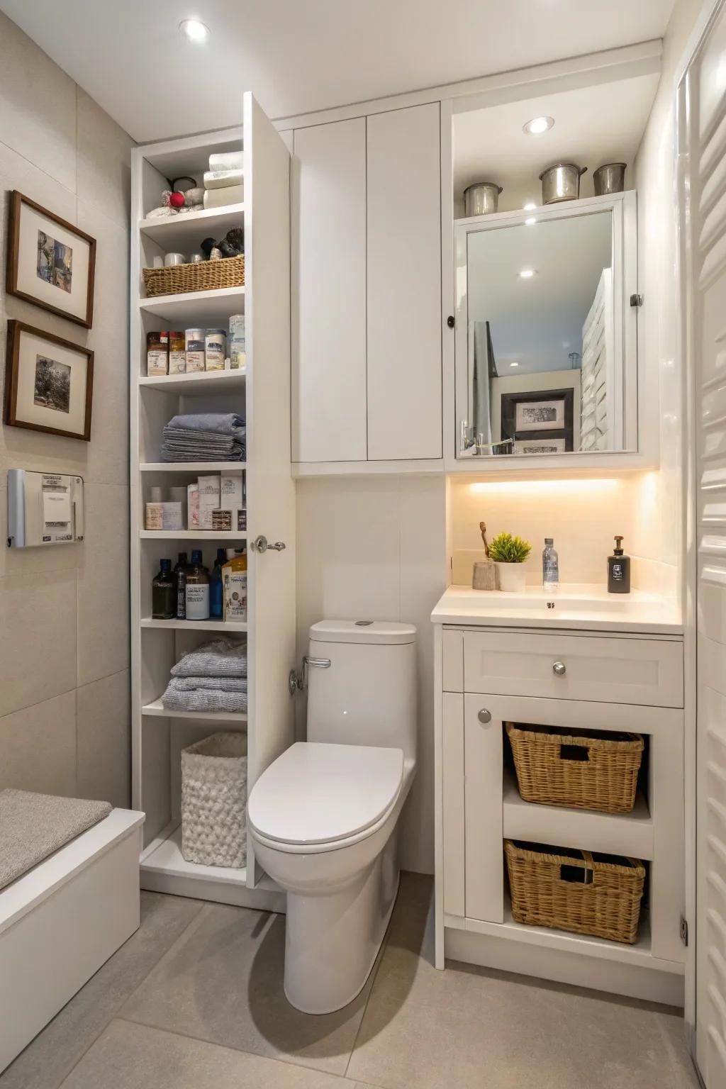 Concealed storage strategies keeping a tidy washroom.