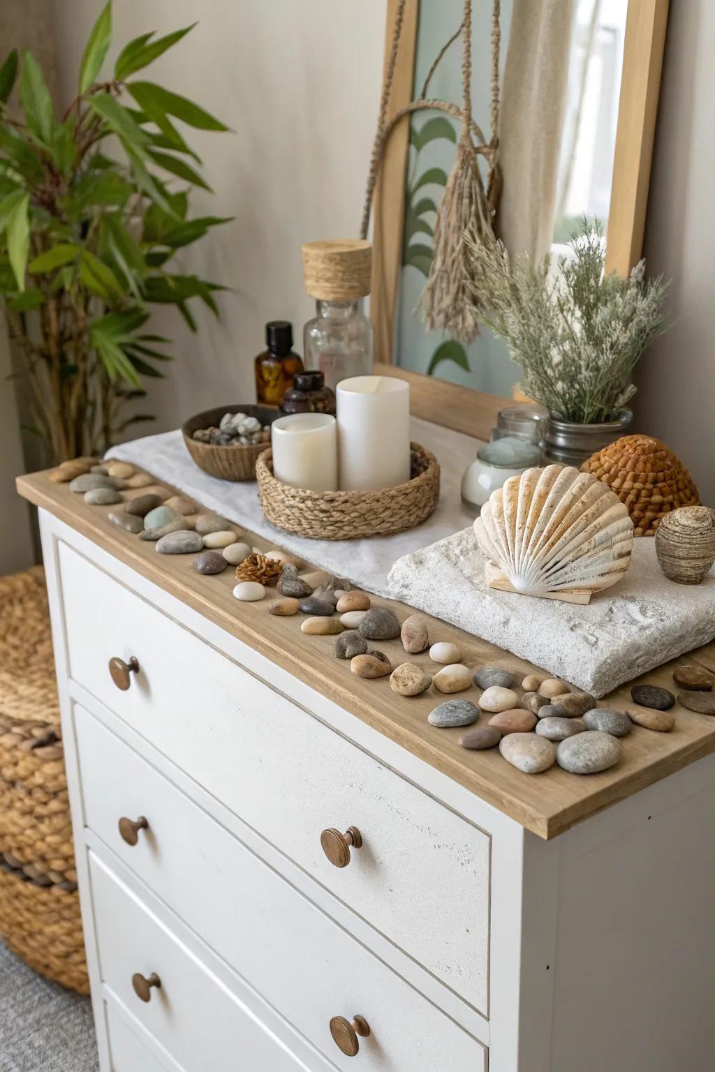 Decorate a dresser with natural stones.