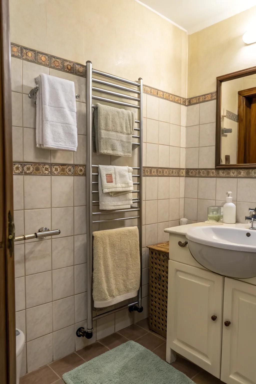 Spinning racks provide flexible towel storage solutions.