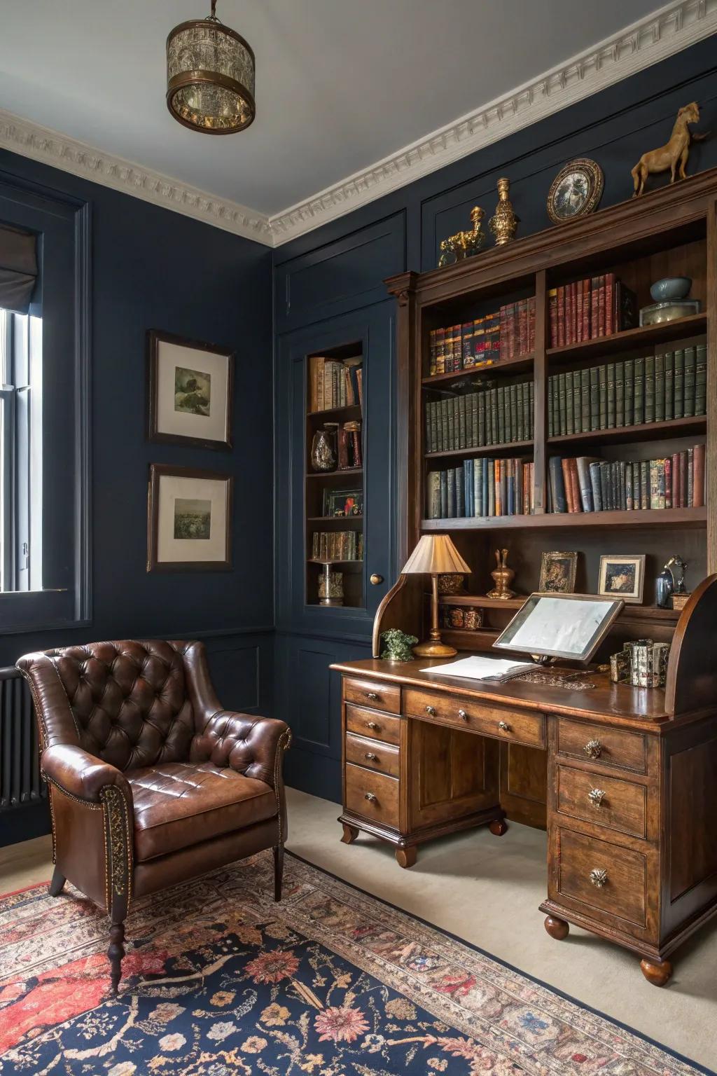 A townhouse study featuring classic navy walls for timeless elegance.