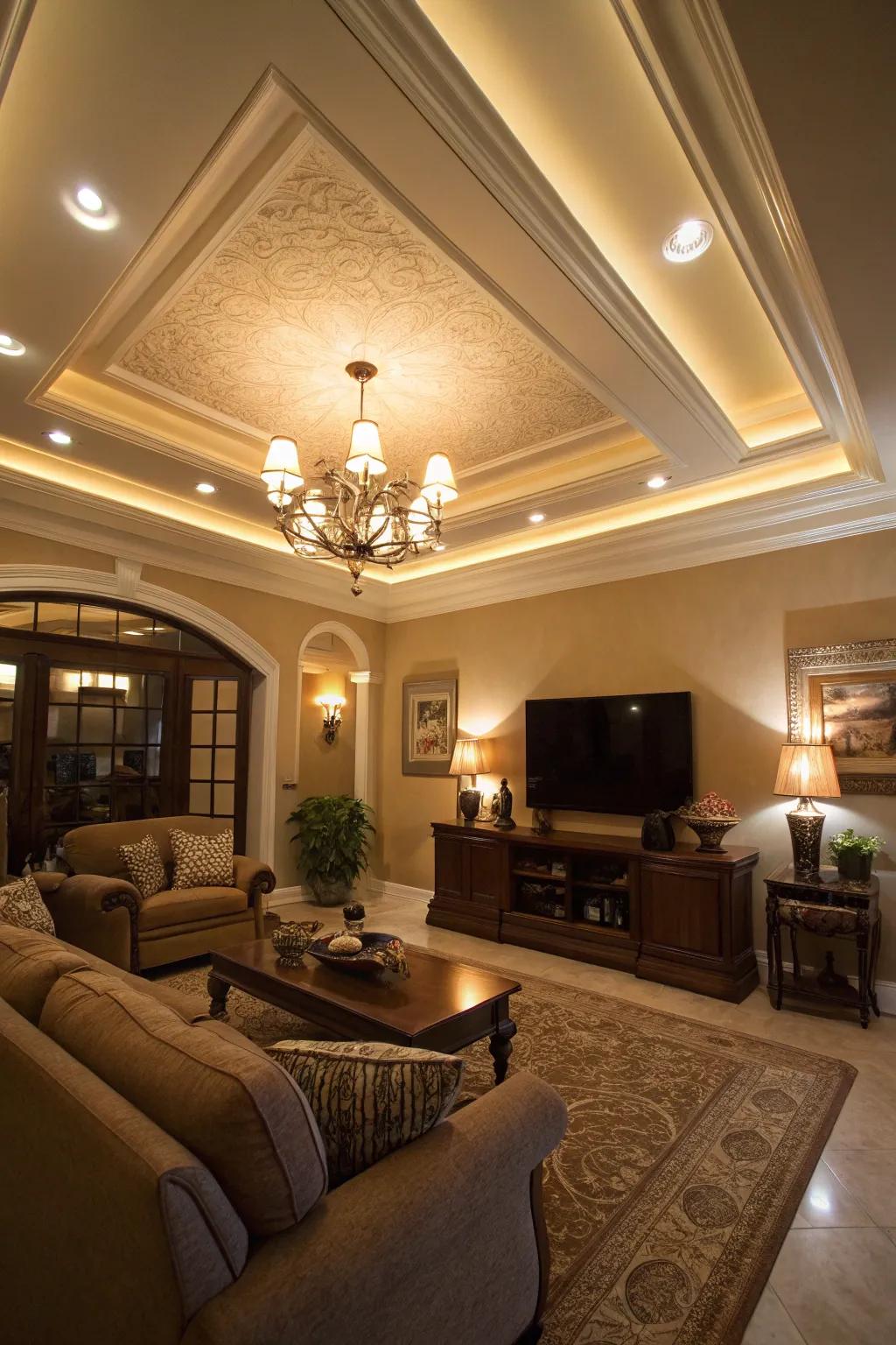 A living room where structured illumination enhances the depth of a tray ceiling.