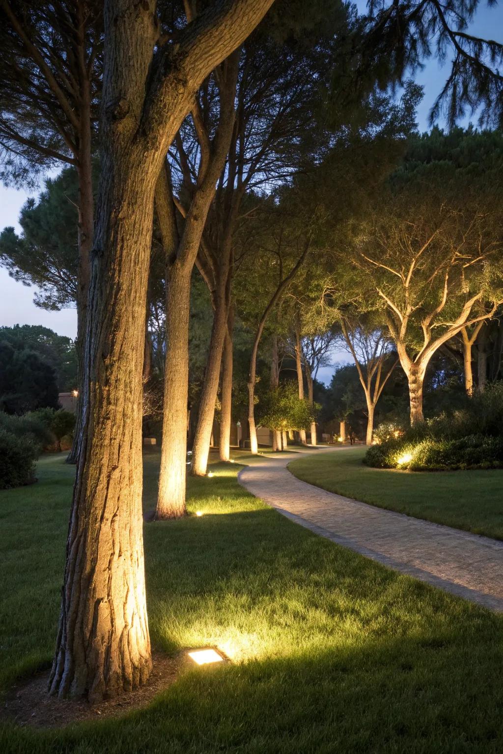 Ground lights introduce elegance by accentuating tree bases.