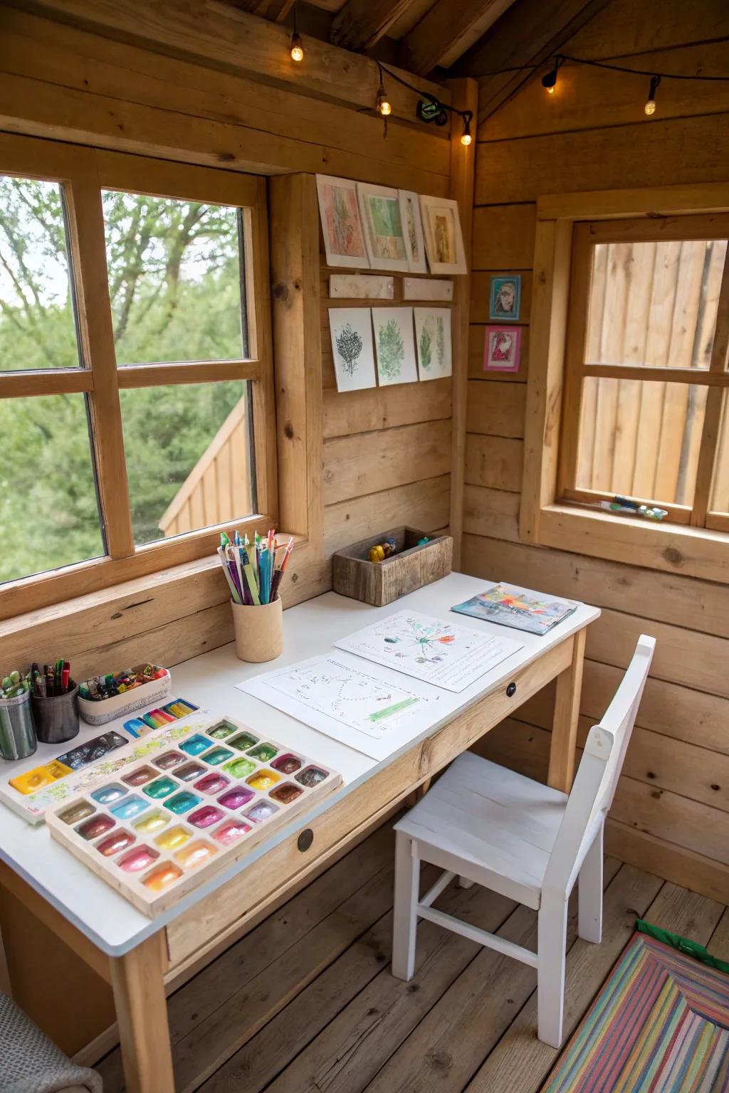 A crafting station inside a treehouse, ideal for DIY endeavors and creative activities.