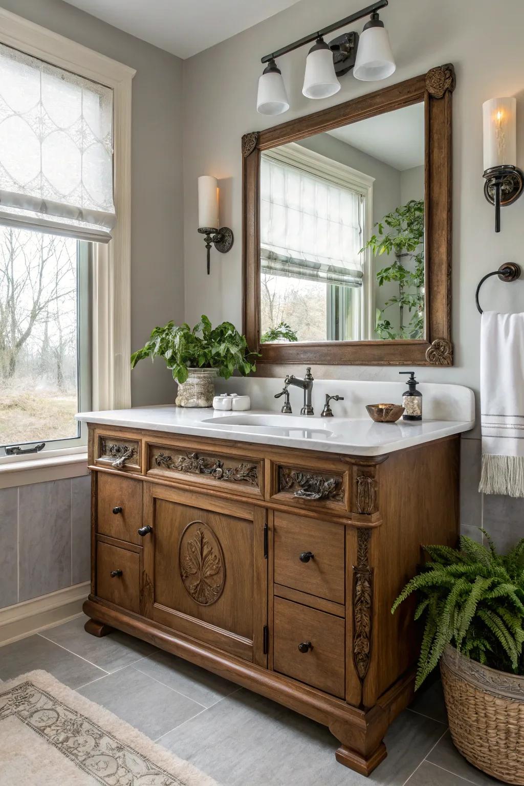A bathroom vanity blending vintage charm with modern components for a unique appearance.