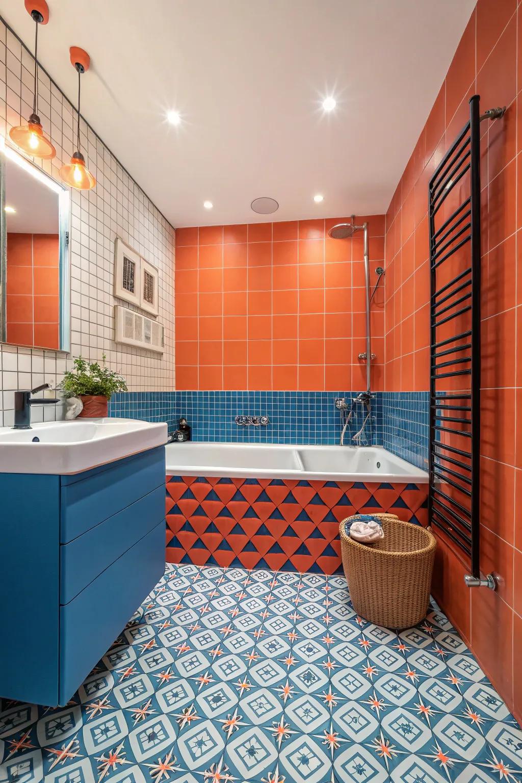 A vibrant tub surround with bold colors that create a lively atmosphere.
