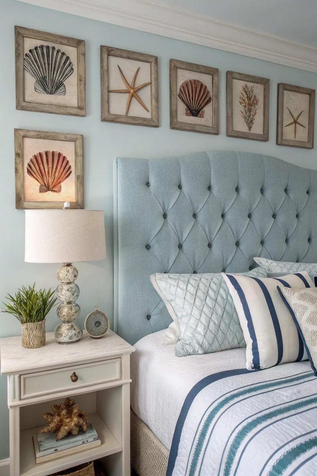 A coastal bedroom with a serene tufted headboard.