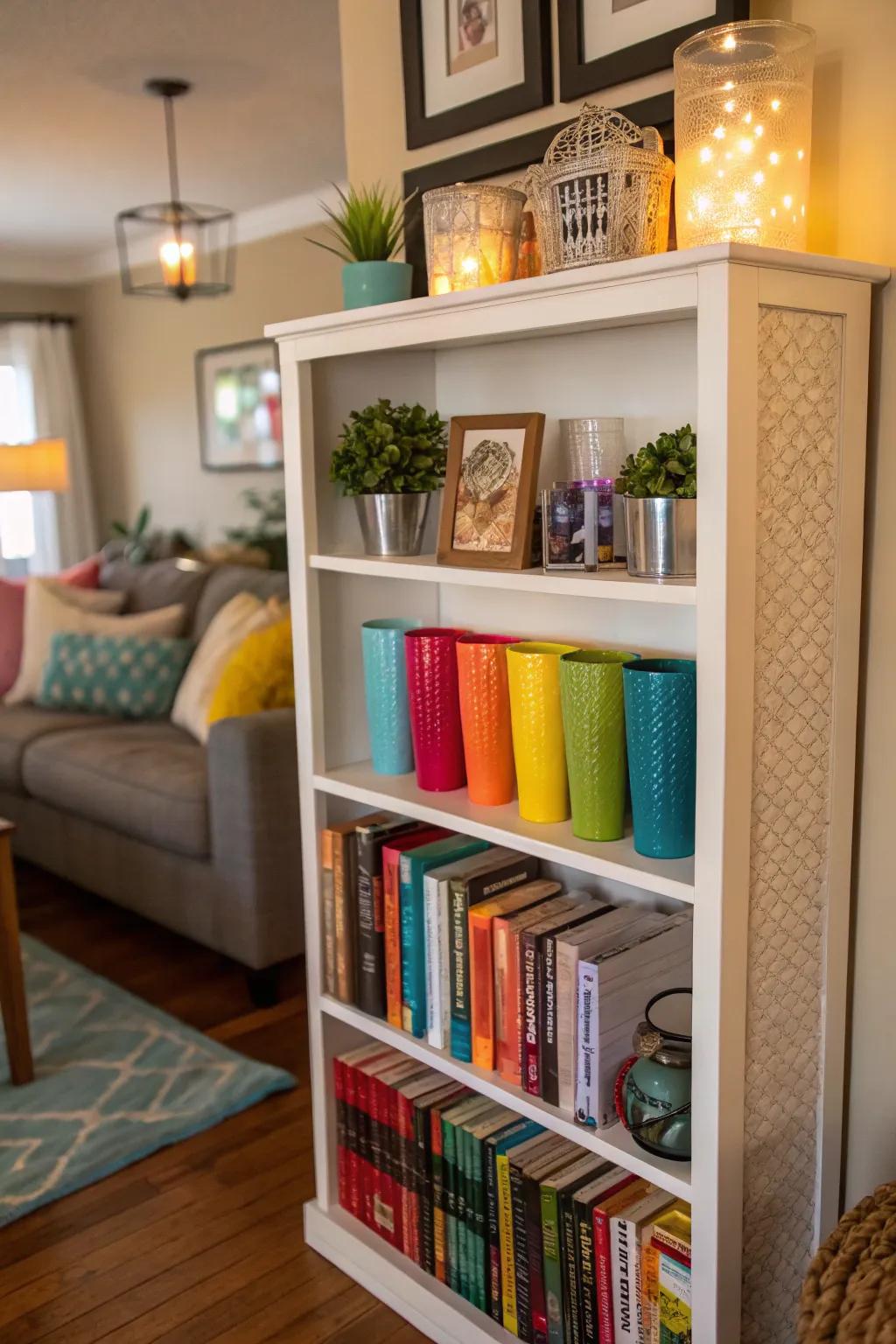 Book storage unit repurposed for tumbler storage.