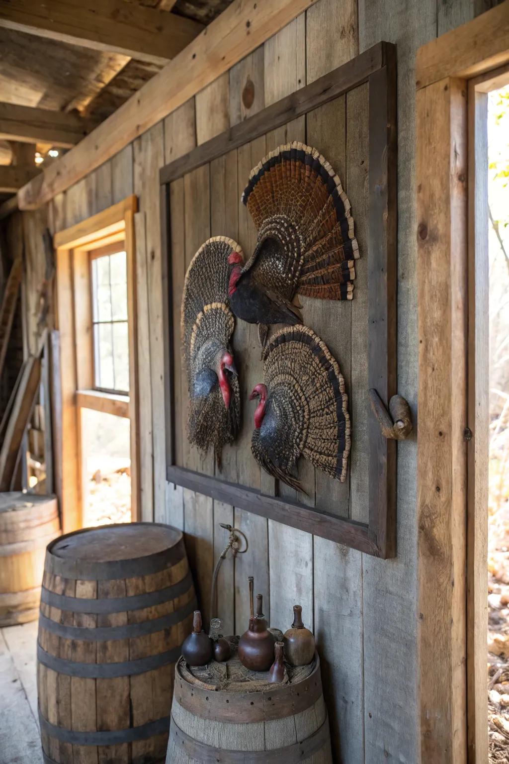 A rustic barnwood panel showcasing wildfowl trophies.