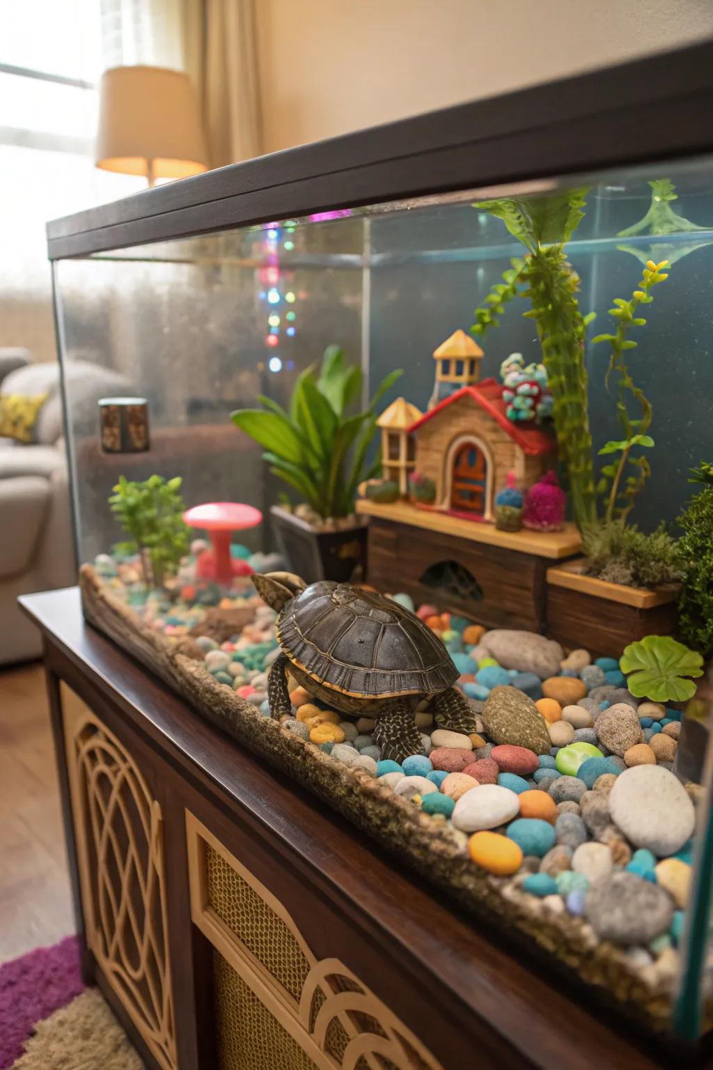 An eclectic ornamentation blend engenders a singular, personalized turtle enclosure.