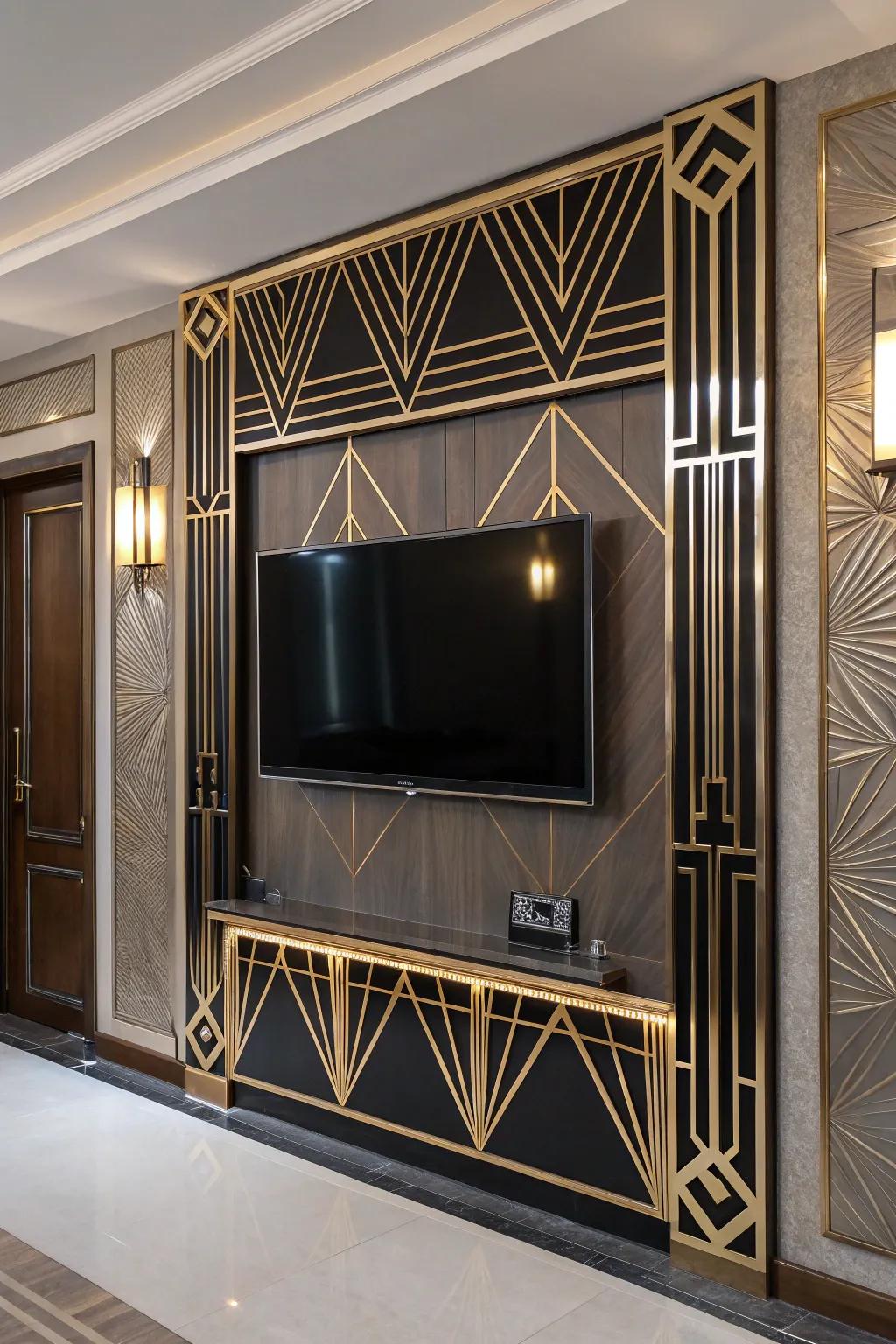 Art Deco elements fill this TV wall with glamour and sophistication.