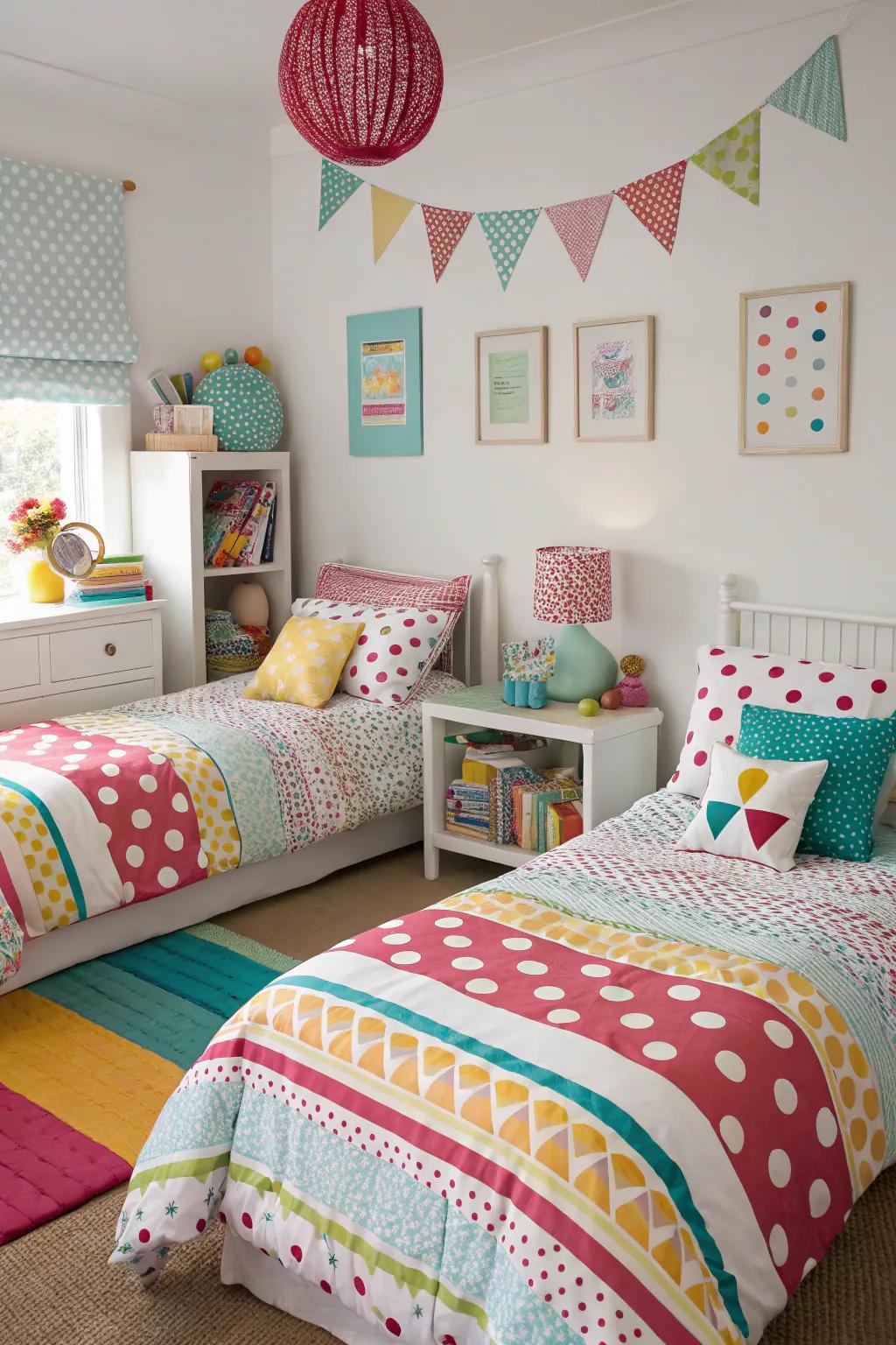 Mixed patterns add a playful touch to the twin bedroom.