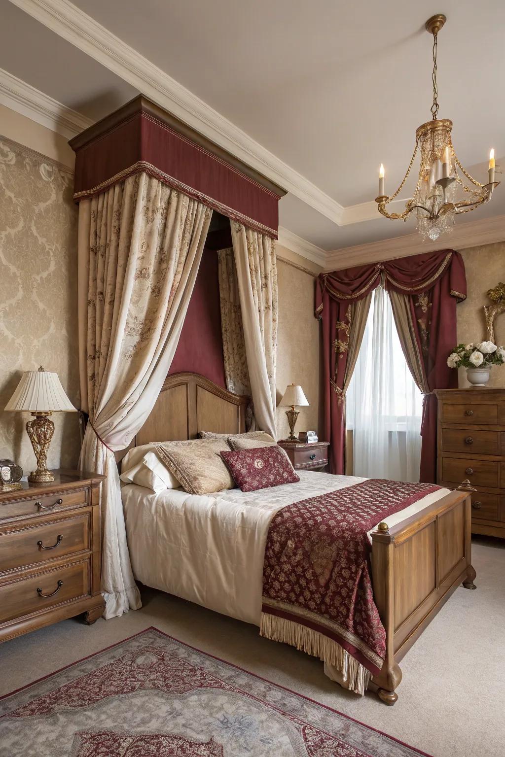 An elegant bedroom featuring beige and burgundy walls, exuding classic warmth.