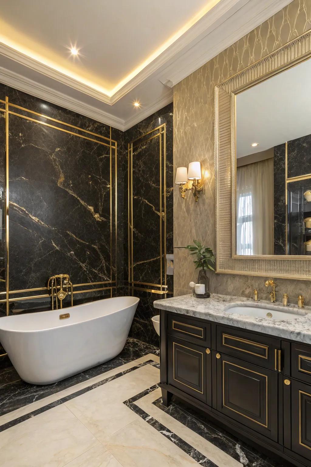 An unforeseen ebony and gilded two-tone wall design that infuses a trace of glamour.