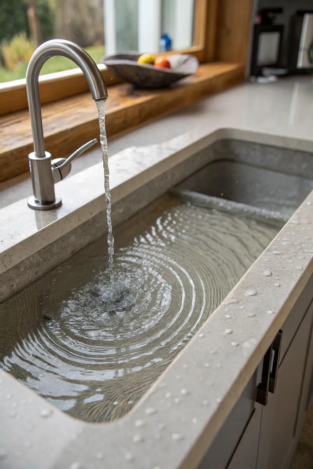 Engineered channel grooves in an undermount sink, promoting efficient water drainage.