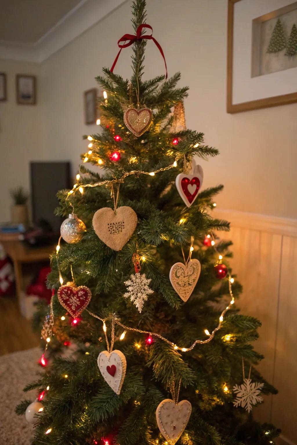 Handcrafted decorations add personal charm and creativity to your Valentine's tree.