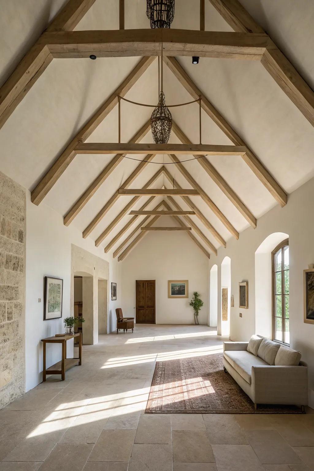 Minimalist refinement achieved with concealed joists on a vaulted ceiling.