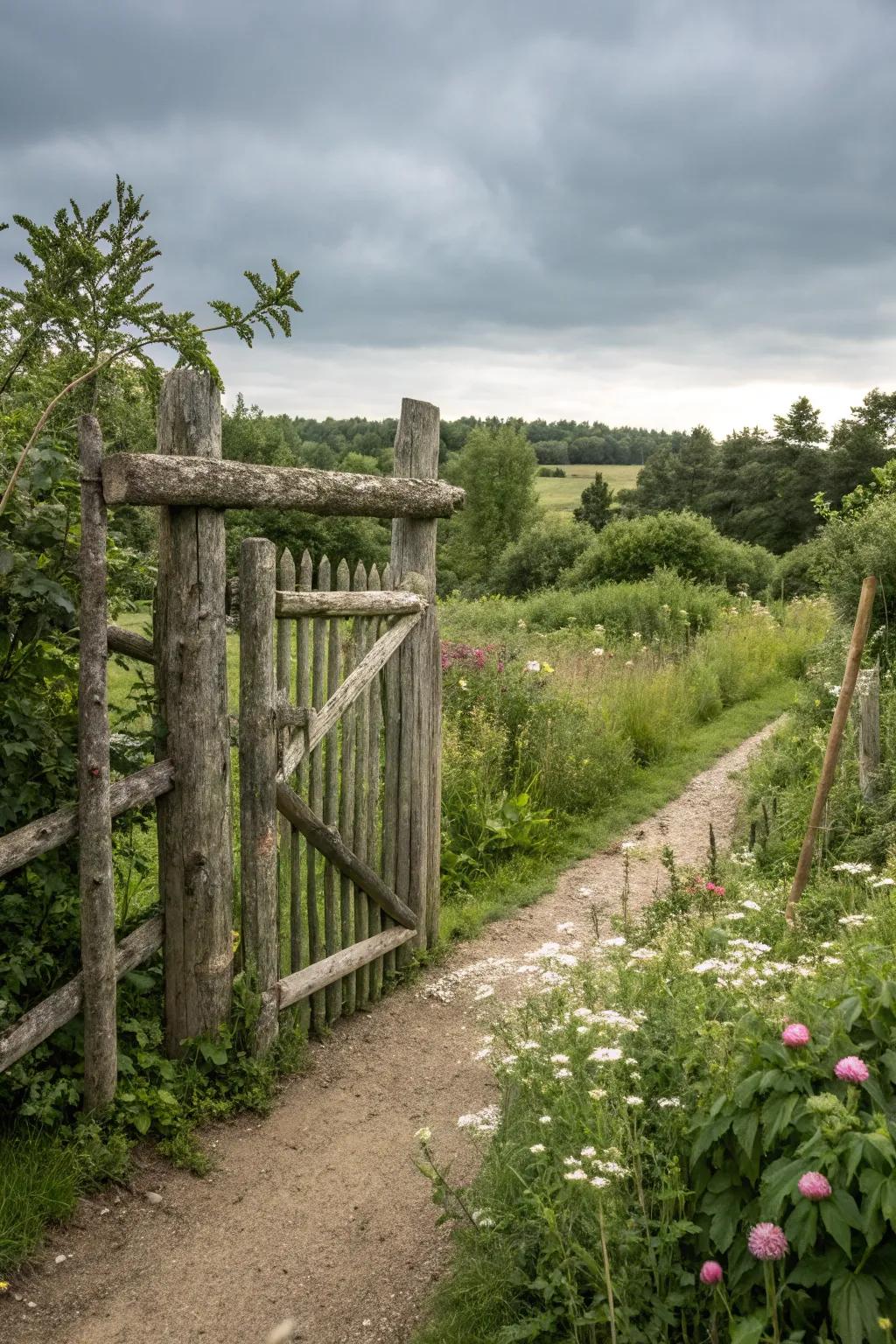 A rustic gate constructed from natural cut timbers.