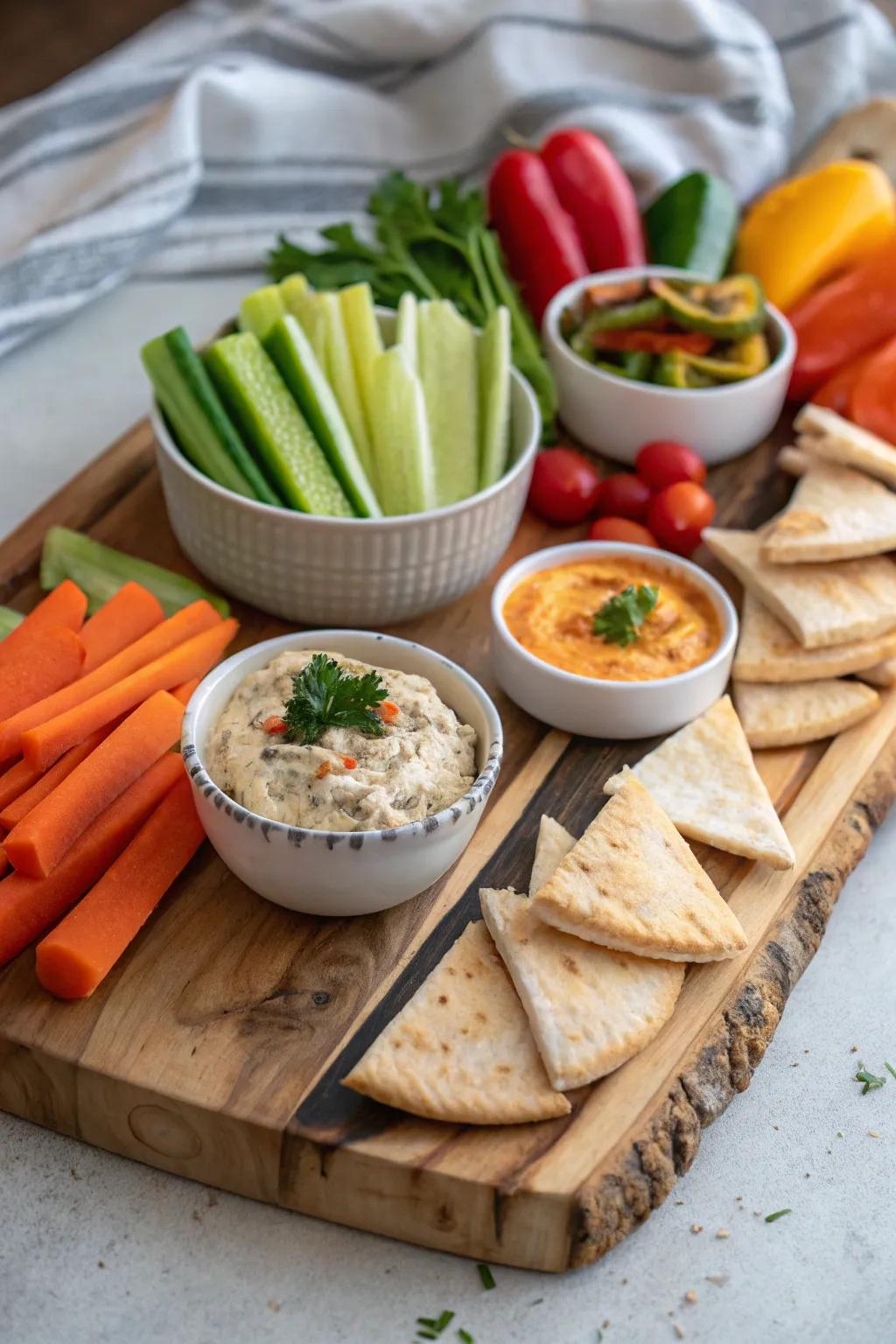 Veggie tray with flatbread.