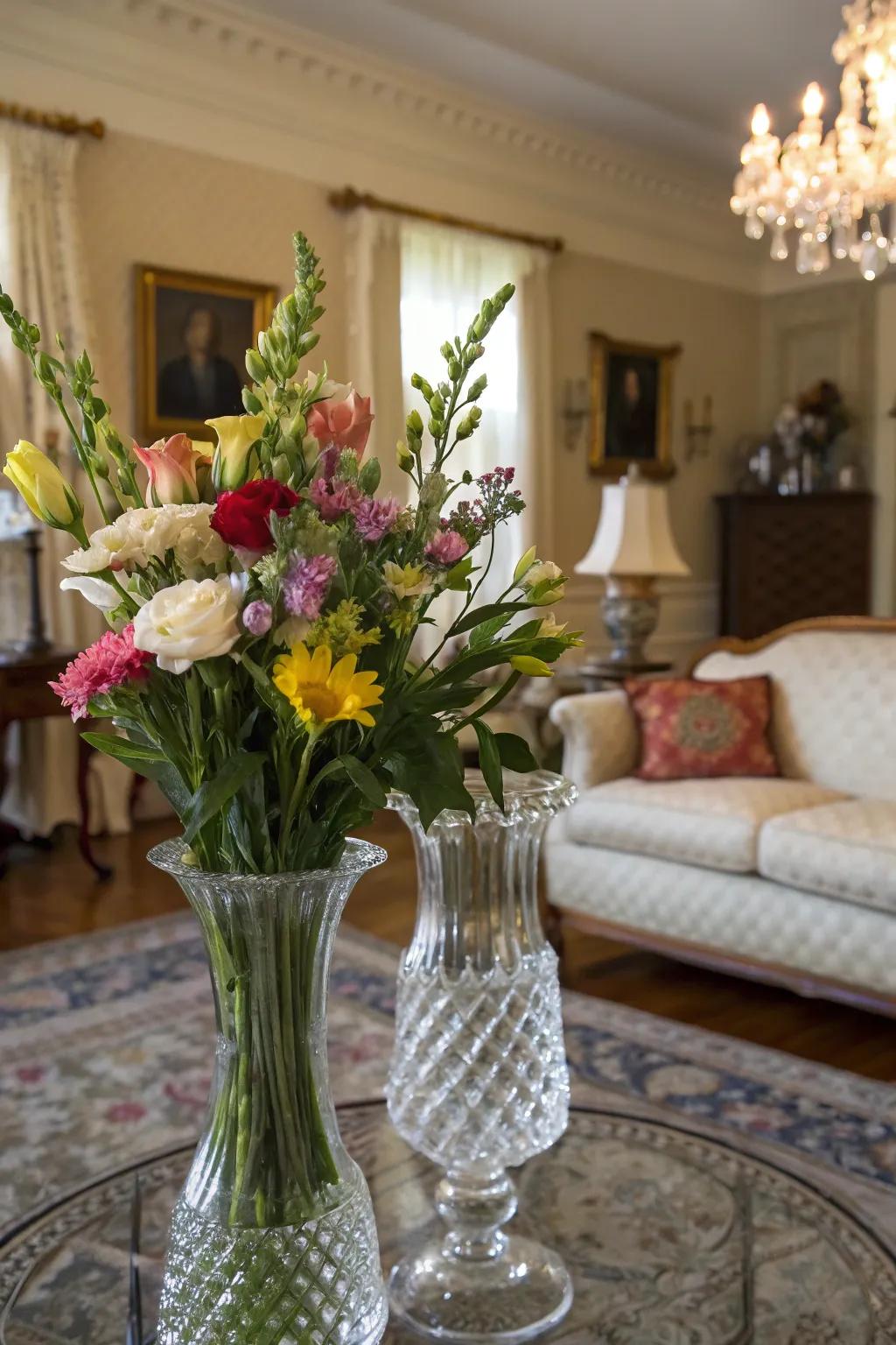 Crystal vases with fresh flowers introduce elegance and natural beauty.